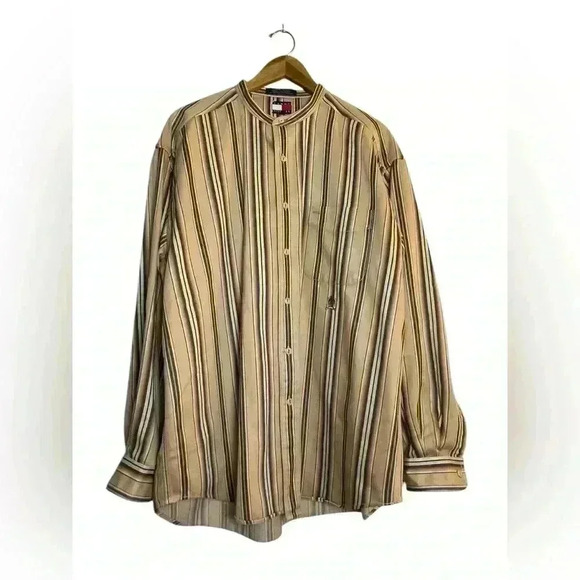 Tommy Hilfiger Men’s Beige Striped Collarless Shirt Crest Heavyweight Large - Picture 2 of 12